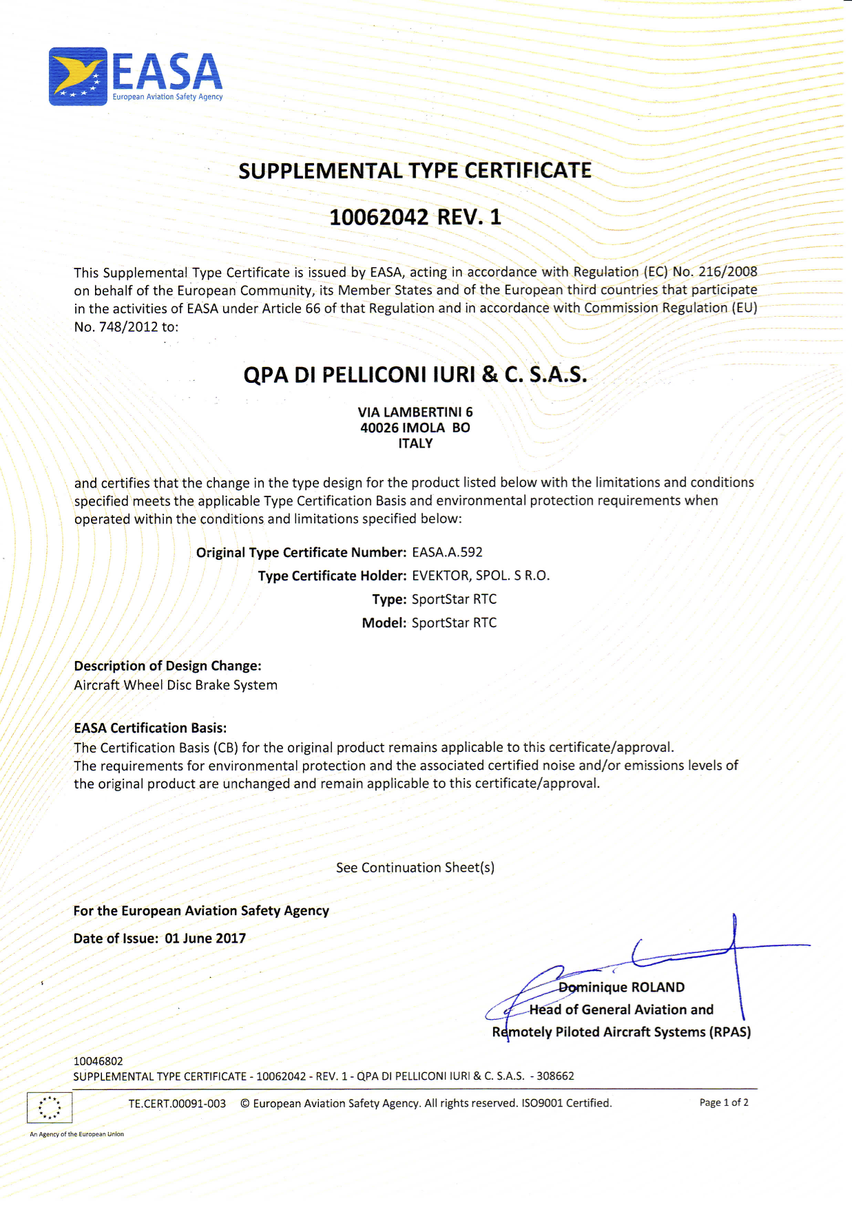 Supplemental Type Certificate QPA S r l